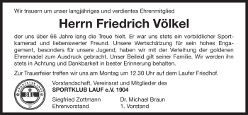 Traueranzeige von Friedrich Völkel von Pegnitz-Zeitung